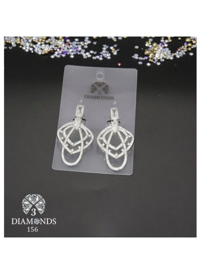 3Diamonds Loop Dangle Earrings, Platinum & Rhodium Plated, Zircon Sparkle - Image 2