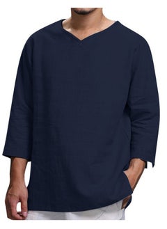 S SYMEFER Mens Linen Shirts V-Neck Cotton Grandad Shirt Long Sleeve Tops Hippie T Shirts Tops Blouse Loose Fit Basic Tunic Tops Casual Office Work Shirt, Navy Blue-L  - Image 1