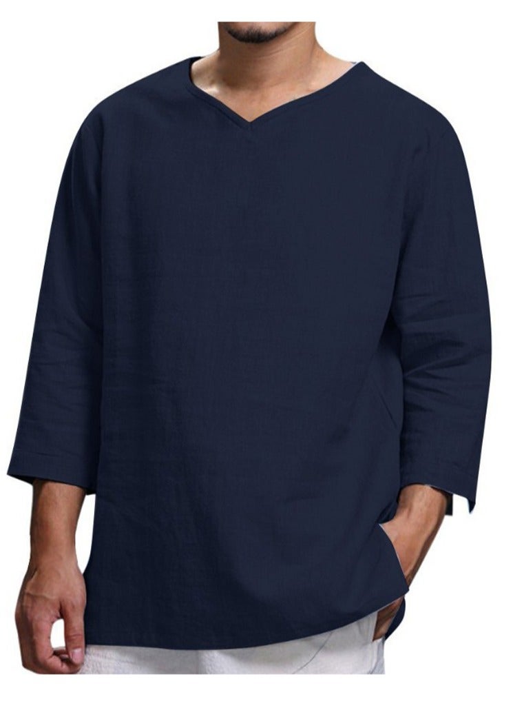 S SYMEFER Mens Linen Shirts V-Neck Cotton Grandad Shirt Long Sleeve Tops Hippie T Shirts Tops Blouse Loose Fit Basic Tunic Tops Casual Office Work Shirt, Navy Blue-L  - Image 1