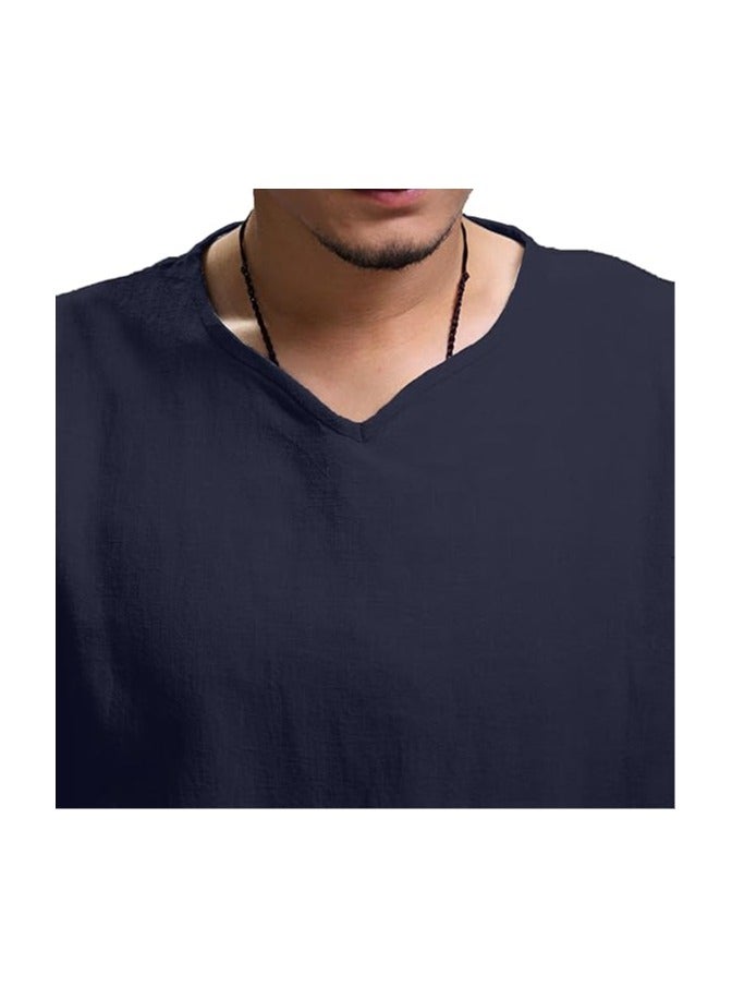S SYMEFER Mens Linen Shirts V-Neck Cotton Grandad Shirt Long Sleeve Tops Hippie T Shirts Tops Blouse Loose Fit Basic Tunic Tops Casual Office Work Shirt, Navy Blue-L  - Image 2
