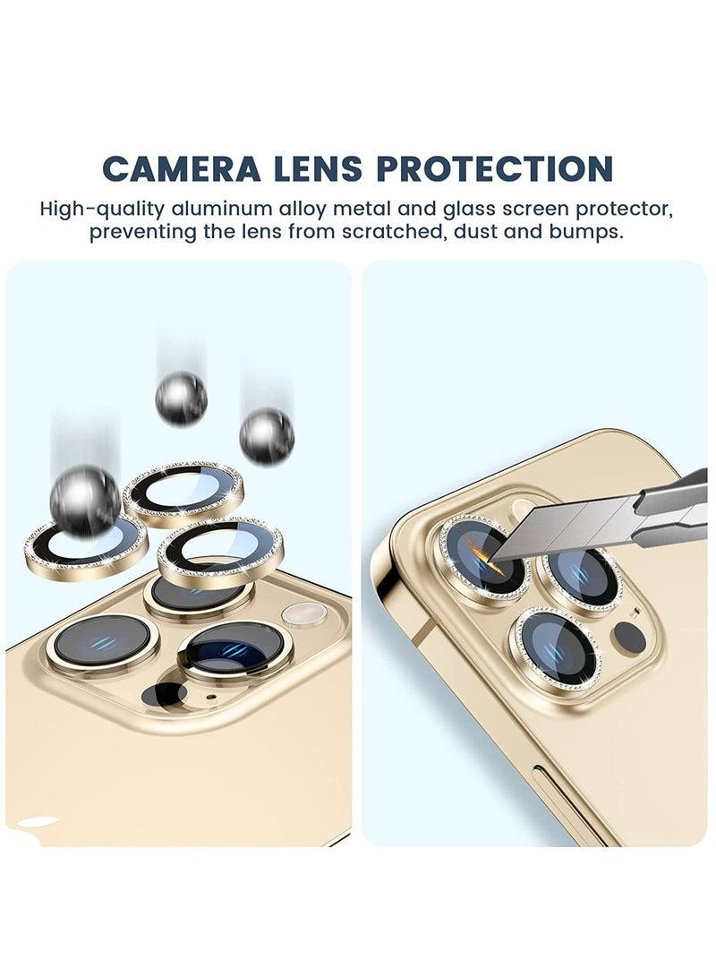 Camera Lens Protector Bling, Glitter Metal Camera Lens Screen Cover HD Glass Film for iPhone 14 Pro Max / 14 Pro Accessories Gold - Image 4