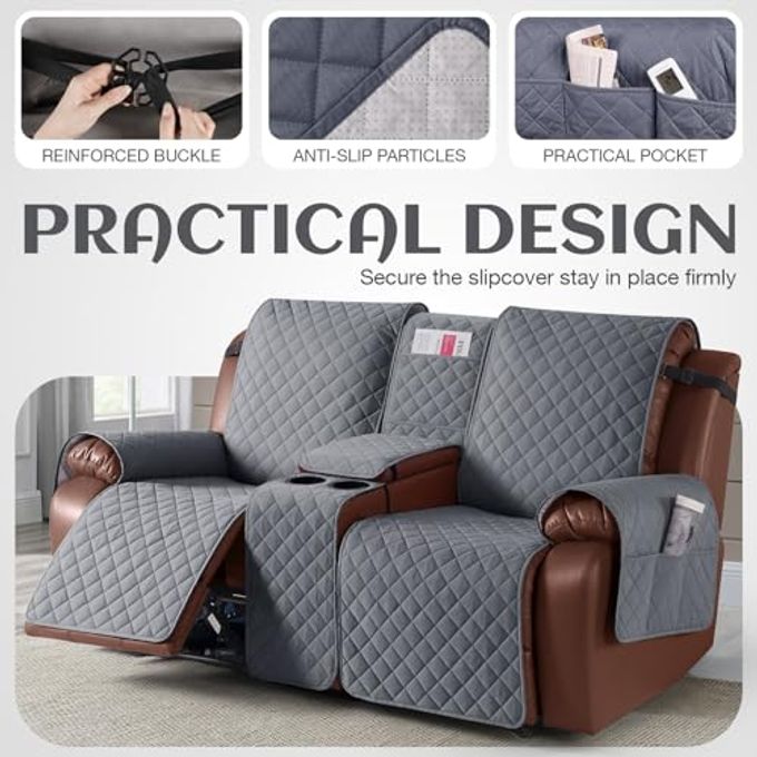 KinCam 100% Waterproof Recliner Loveseat Cover with Console, Non-Slip Reclining Couch Covers for 2 Seat, Recliner Sofa Cover Furniture Protector with Elastic Straps for Kids, Pets, Dark Gray - Image 3