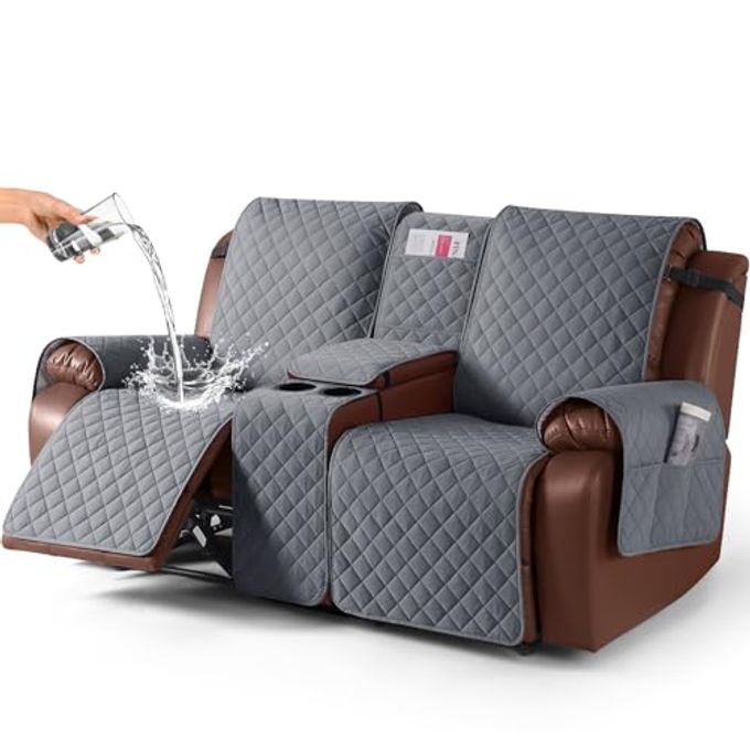KinCam 100% Waterproof Recliner Loveseat Cover with Console, Non-Slip Reclining Couch Covers for 2 Seat, Recliner Sofa Cover Furniture Protector with Elastic Straps for Kids, Pets, Dark Gray - Image 1