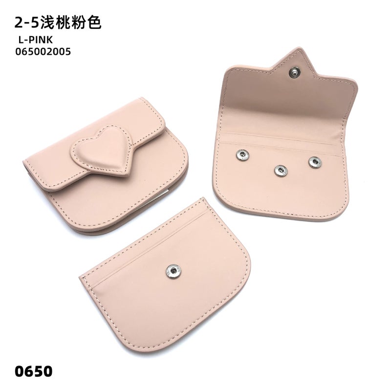 Detachable Top Layer Cowhide Leather Card Holder Womens Genuine Leather Flip Cover Card Bag Love Button Bank Card Storage Document Bag 02-05 Pale Peach Pink