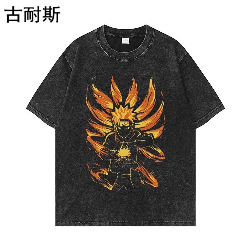 Washed Old Short-sleeved T-shirt Men's and Women's Summer Fashion Brand American Style Retro Couple's T-shirt Top for - Image 1