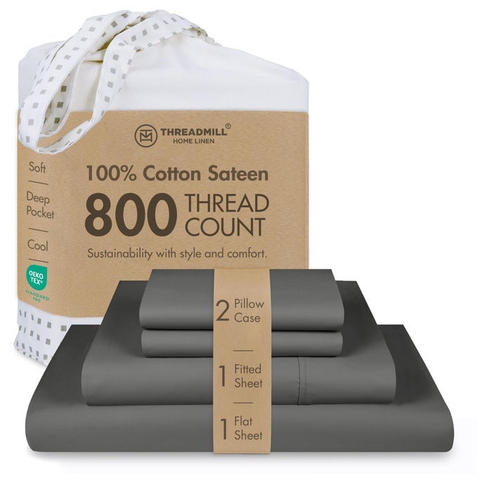 LUXURY 800 THREAD COUNT QUEEN 100 COTTON SHEETS DARK GREY SATEEN WEAVE BEDSHEETS BETTER THAN EGYPTIAN COTTON4 PC SOLID SOFT BEDDING SET FITS 16 DEEP POCKET