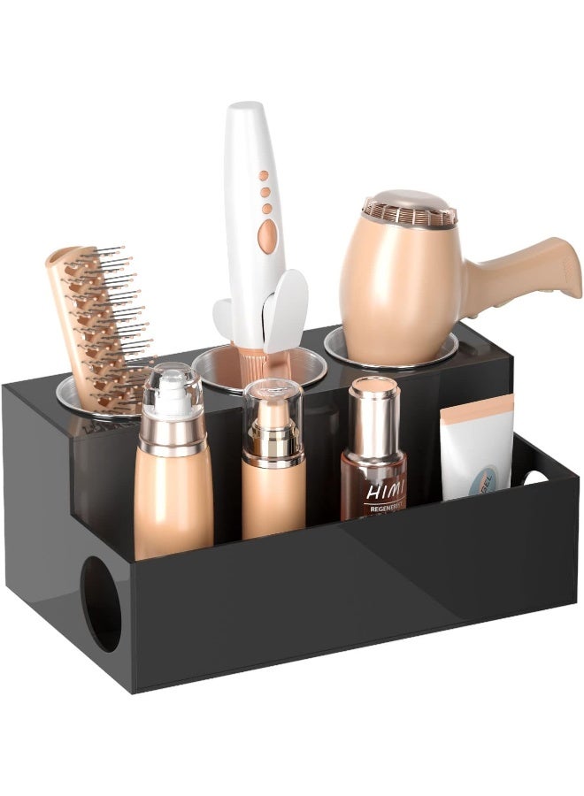 TPGP Hair Tools Organizer, Acrylic Hair Dryer Holder Countertop Blow Dryer Stand Storage For Vanity Bathroom With 3 Cups -Black - Image 1