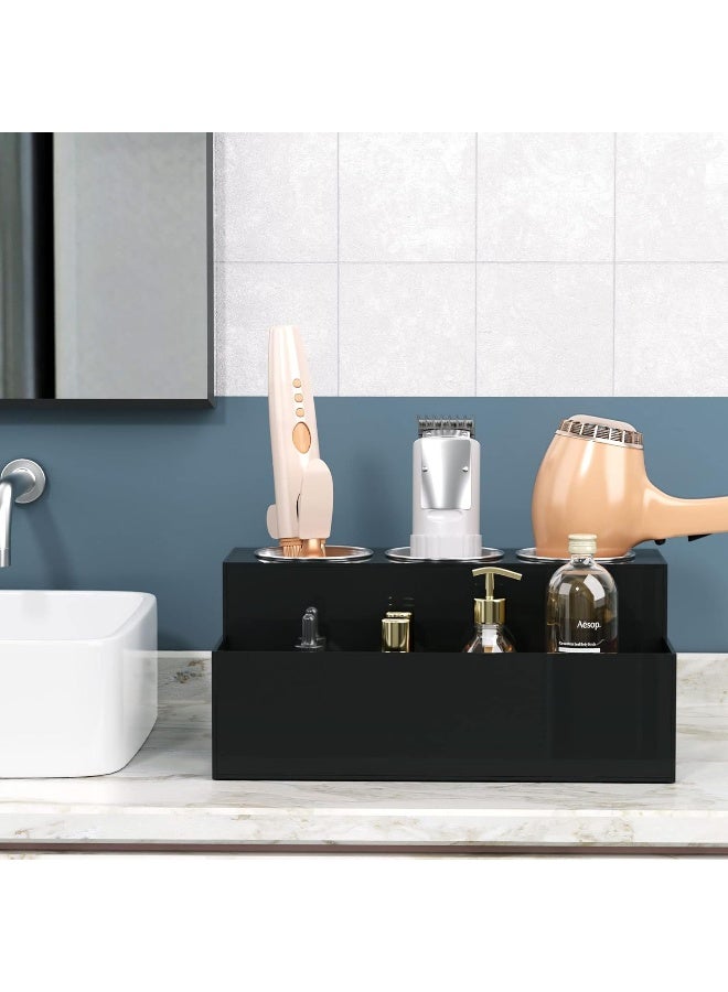 TPGP Hair Tools Organizer, Acrylic Hair Dryer Holder Countertop Blow Dryer Stand Storage For Vanity Bathroom With 3 Cups -Black - Image 5