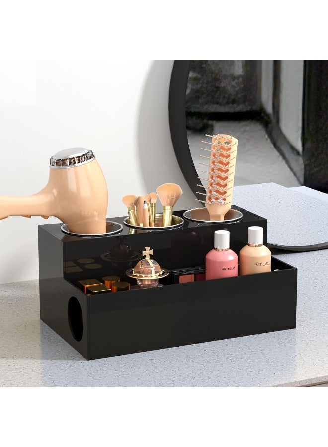TPGP Hair Tools Organizer, Acrylic Hair Dryer Holder Countertop Blow Dryer Stand Storage For Vanity Bathroom With 3 Cups -Black - Image 2