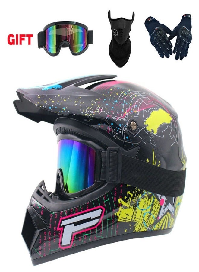 VarietyVoyageD 4-Piece Full Face Racing Motorcycle Helmet Kit Protective Gear Motorcycle Helmets Street Bike Racing Moto Helmet Cartoon Car Helmet Electric Car Helmet Suitable For Young Boys And Girls ﻿ - Image 1