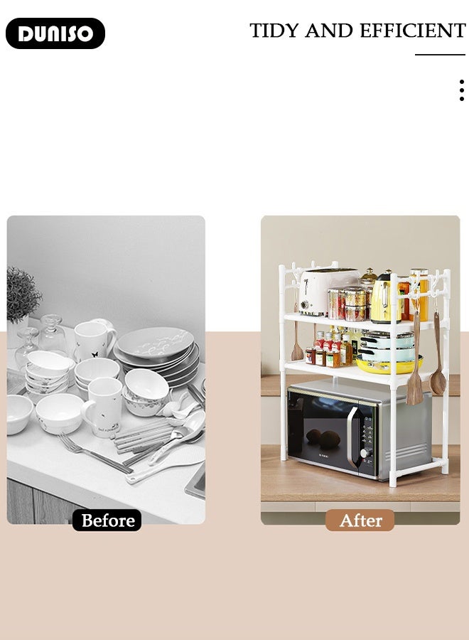 DUNISO رف ميكروويف ذو طبقتين، رفوف تخزين مطبخ مستقرة، منظم رف التخزين مع مساند، رف قائم قابل للإزالة مع خطافات، رف تخزين أدوات المطبخ وأدوات المائدة، منظم رف الميكروويف على السطح - Image 3