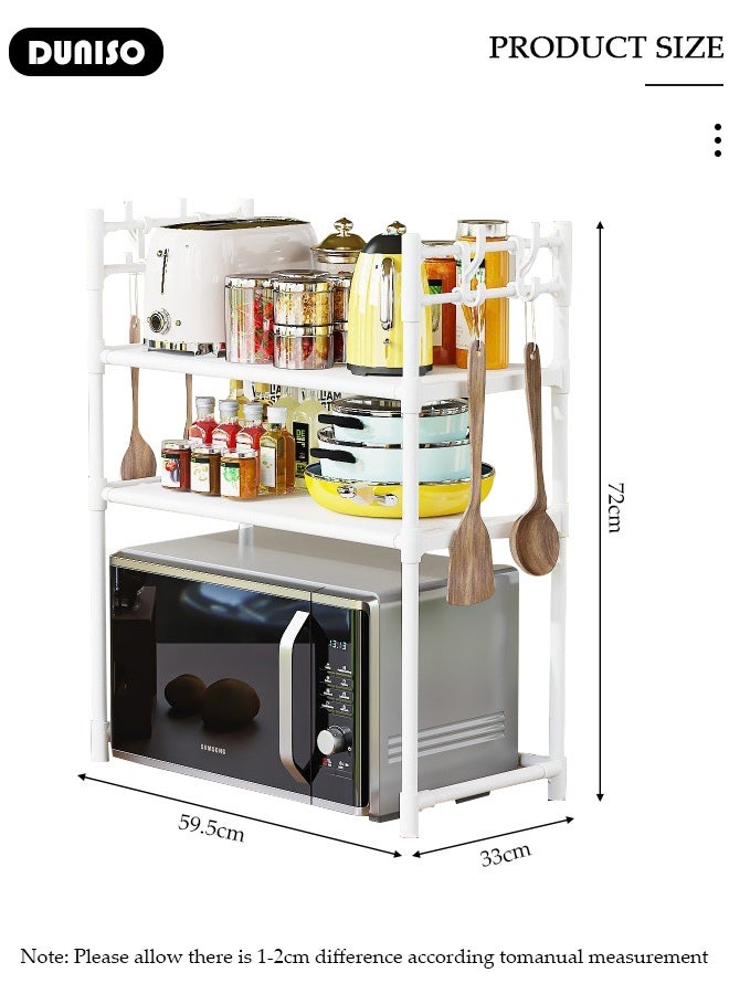 DUNISO رف ميكروويف ذو طبقتين، رفوف تخزين مطبخ مستقرة، منظم رف التخزين مع مساند، رف قائم قابل للإزالة مع خطافات، رف تخزين أدوات المطبخ وأدوات المائدة، منظم رف الميكروويف على السطح - Image 2