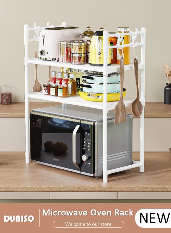 DUNISO رف ميكروويف ذو طبقتين، رفوف تخزين مطبخ مستقرة، منظم رف التخزين مع مساند، رف قائم قابل للإزالة مع خطافات، رف تخزين أدوات المطبخ وأدوات المائدة، منظم رف الميكروويف على السطح - Image 1