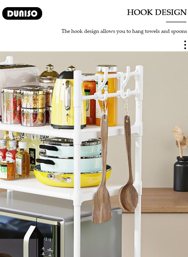 DUNISO رف ميكروويف ذو طبقتين، رفوف تخزين مطبخ مستقرة، منظم رف التخزين مع مساند، رف قائم قابل للإزالة مع خطافات، رف تخزين أدوات المطبخ وأدوات المائدة، منظم رف الميكروويف على السطح - Image 4