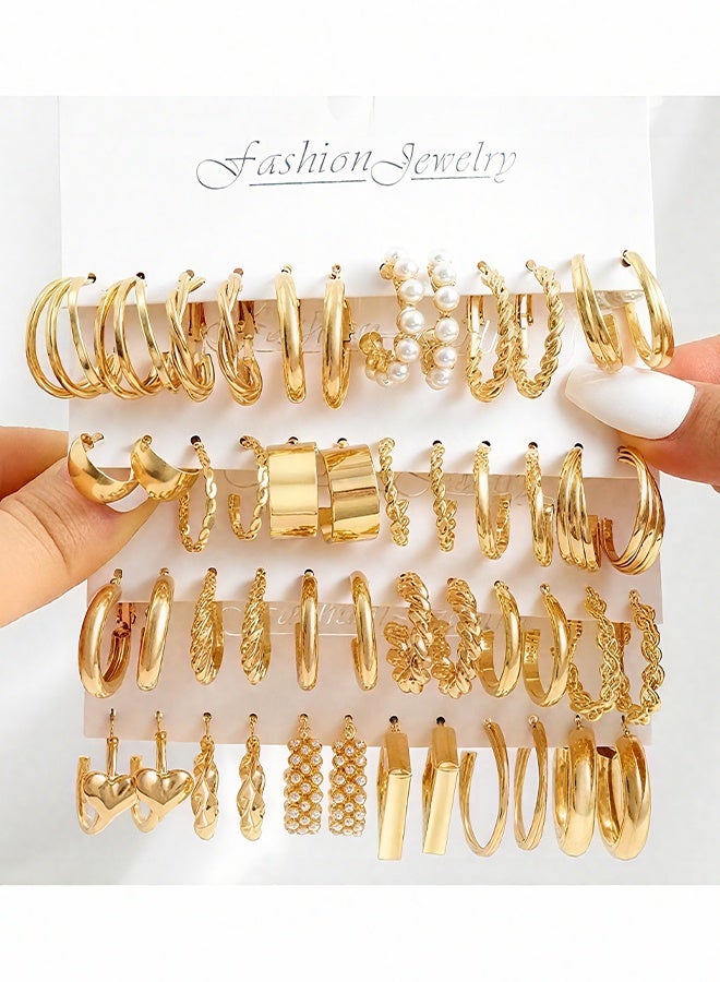 هابي دي أقراط ذهبية بحلقات للفتيات والنساء، مجموعات من أقراط حلقات كبيرة وصغيرة متشابكة، أقراط للنساء متعددة المجموعة، مجوهرات أقراط أنيقة وعصرية لحفلة عيد الميلاد - Image 1