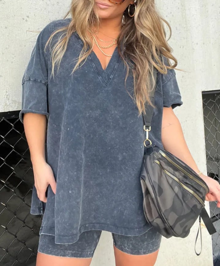 Chic V-Neck Denim Look Womens Casual Tee  Shorts Set ROSE - Image 3