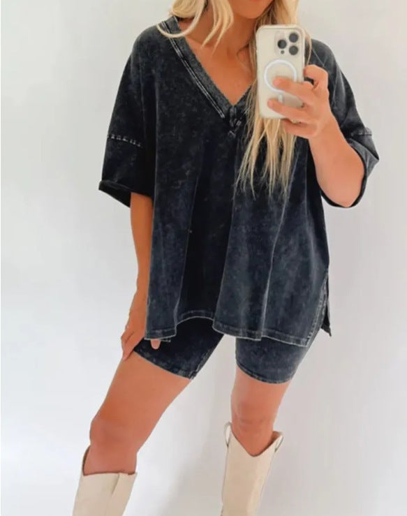 Chic V-Neck Denim Look Womens Casual Tee  Shorts Set ROSE - Image 2