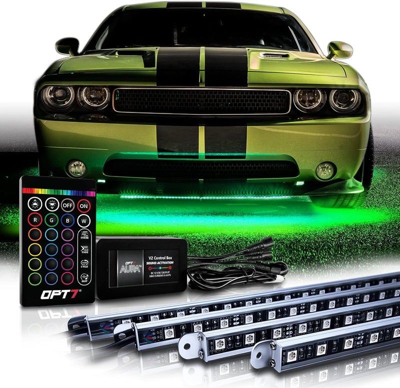 OPT7 Aura Aluminum Car Underglow Lights with Remote Control, Exterior Neon Accent Under Glow Kit for Cars, Waterproof Rigid Light Bars, Music Soundsync Lighting, RGB Multicolor LED Strip, 12V Decor - Image 1