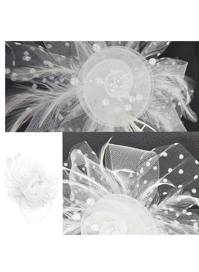 HY Women's Tea Party Fascinators Mesh Flower-Shaped Pearl Feather Veil Kentucky Derby Fascinator Hats with Headband and Clip  - Image 2