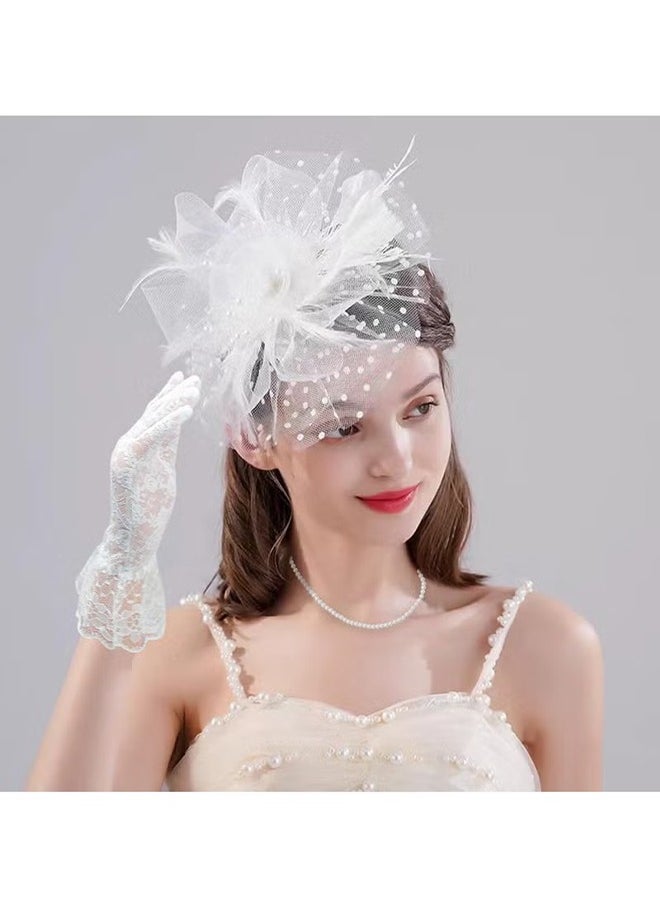 HY Women's Tea Party Fascinators Mesh Flower-Shaped Pearl Feather Veil Kentucky Derby Fascinator Hats with Headband and Clip  - Image 5