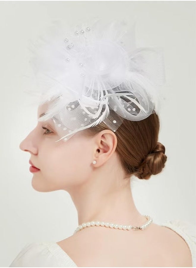 HY Women's Tea Party Fascinators Mesh Flower-Shaped Pearl Feather Veil Kentucky Derby Fascinator Hats with Headband and Clip  - Image 3