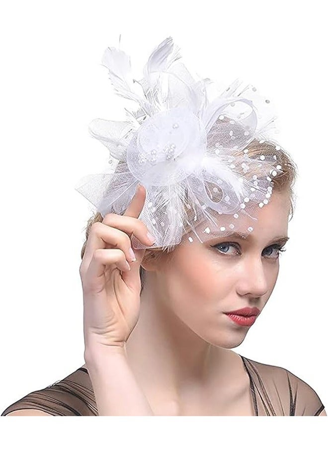 HY Women's Tea Party Fascinators Mesh Flower-Shaped Pearl Feather Veil Kentucky Derby Fascinator Hats with Headband and Clip  - Image 1
