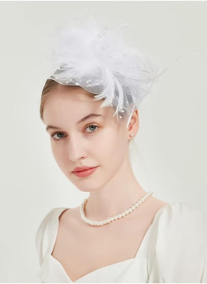 HY Women's Tea Party Fascinators Mesh Flower-Shaped Pearl Feather Veil Kentucky Derby Fascinator Hats with Headband and Clip  - Image 4