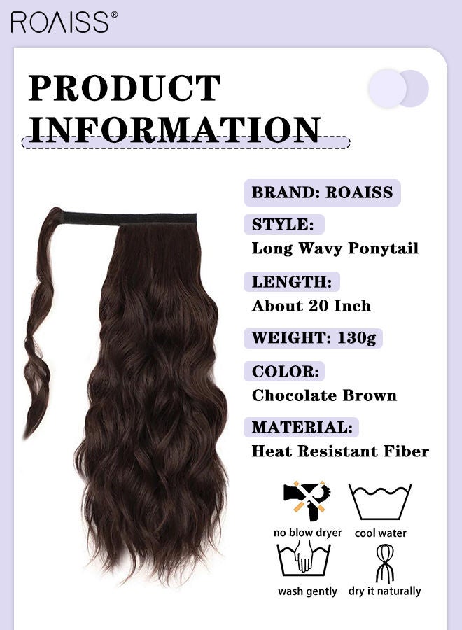رويس وصلة إطالة شعر ذيل حصان مموجة، شعر ذيل حصان مستعار طبيعي مع لصق سحري ملتف حوله، قطعة شعر صناعية للنساء والفتيات، تسريحة شعر ناعمة للاستخدام اليومي، 50 سم (20 بوصة) - لون الشوكولاته البني - Image 3