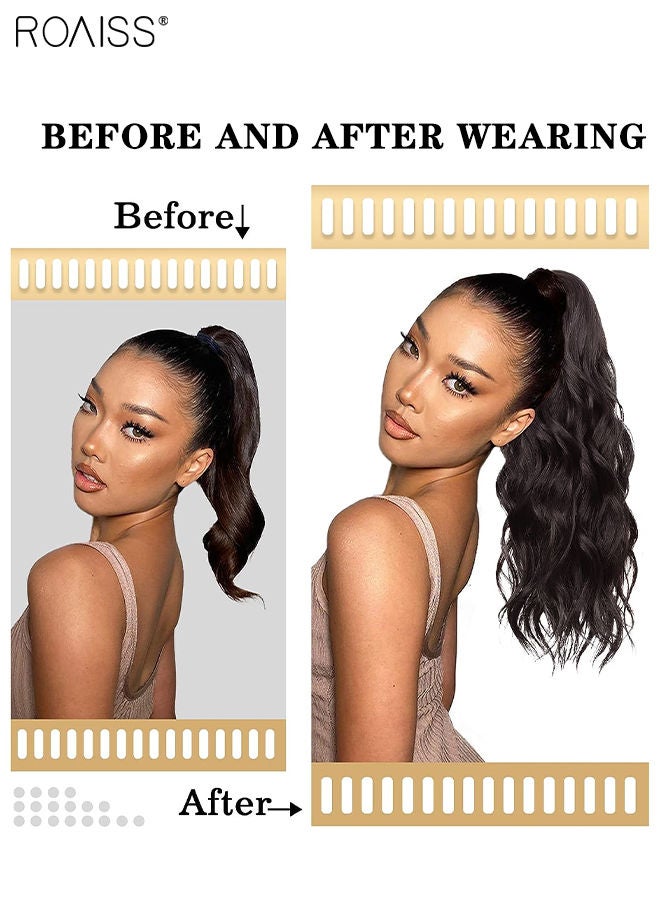 رويس وصلة إطالة شعر ذيل حصان مموجة، شعر ذيل حصان مستعار طبيعي مع لصق سحري ملتف حوله، قطعة شعر صناعية للنساء والفتيات، تسريحة شعر ناعمة للاستخدام اليومي، 50 سم (20 بوصة) - لون الشوكولاته البني - Image 2