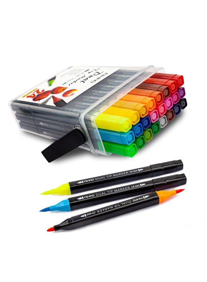 أيهاو أقلام تحديد للأطفال قابلة للغسل مع صندوق قابل للحمل، مجموعة أقلام تحديد ذات طرف مزدوج، فرشاة ونصائح دقيقة، 24 حزمة من اللوازم الفنية لتلوين الخربشة ورسم اليوميات - Image 1