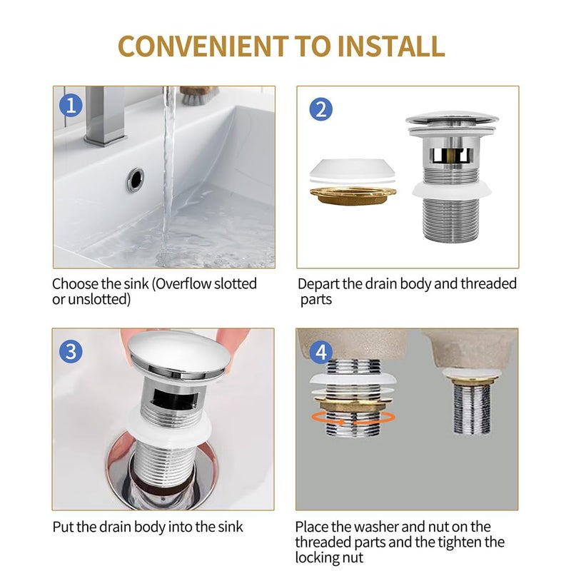 Excefore Pop Up Basin Plug - Solid Brass Click Clack Sink Waste Drainer - Image 5