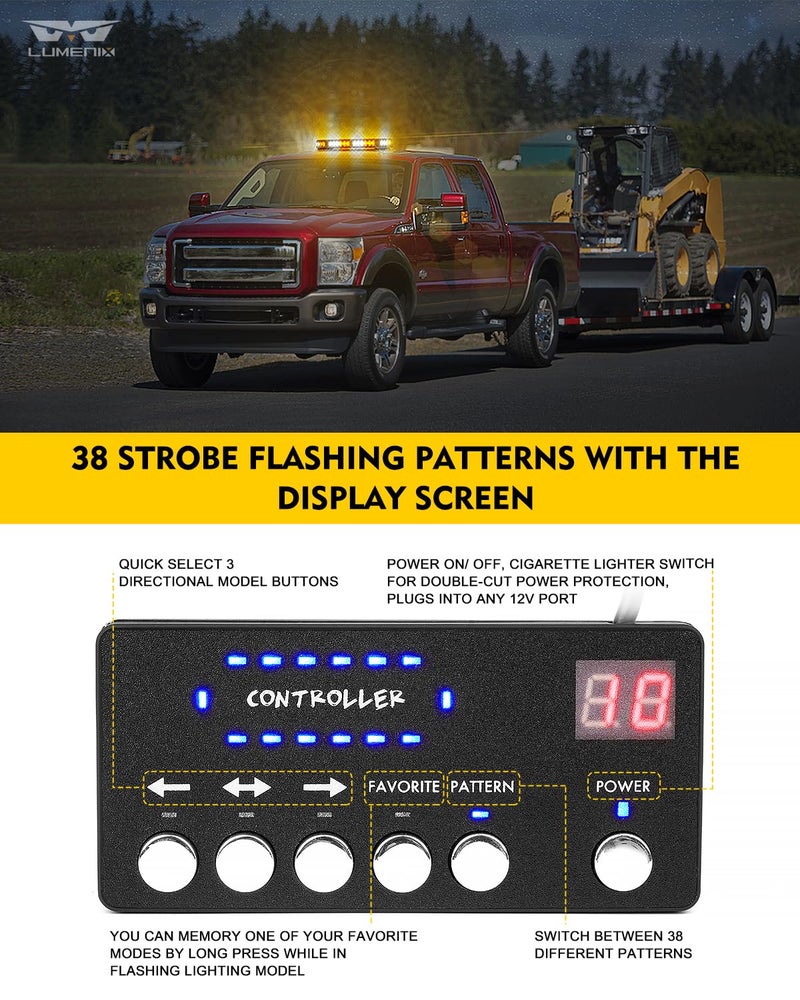 LUMENIX Rooftop Strobe Beacon Lights Bar w/Controller, American Flag Pattern White Amber LED Emergency Warning Traffic Flashing Light for Construction Vehicles Work Trucks Snowplow (Patented Design) - Image 4