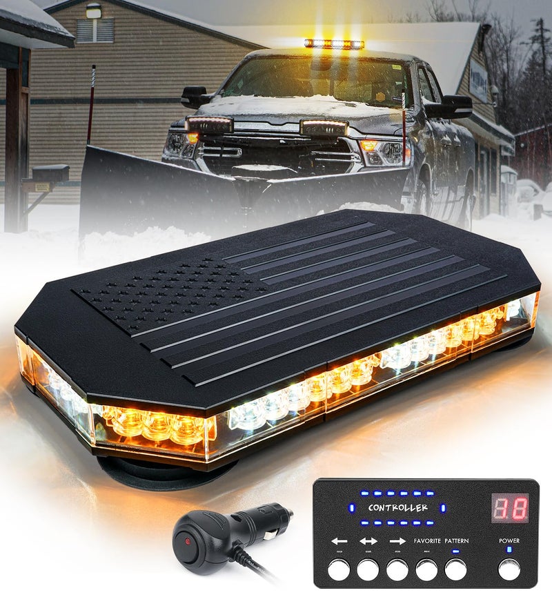 LUMENIX Rooftop Strobe Beacon Lights Bar w/Controller, American Flag Pattern White Amber LED Emergency Warning Traffic Flashing Light for Construction Vehicles Work Trucks Snowplow (Patented Design) - Image 1