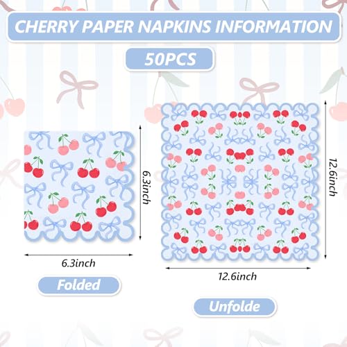 JarThenaAMCS 50Pcs Blue Bow Cherry Napkins Cherries Bows Disposable Paper Napkin Coquette Scalloped Edge Luncheon Dinner Napkins for Wedding Birthday Party Table Supplies - Image 5
