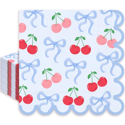 JarThenaAMCS 50Pcs Blue Bow Cherry Napkins Cherries Bows Disposable Paper Napkin Coquette Scalloped Edge Luncheon Dinner Napkins for Wedding Birthday Party Table Supplies - Image 2