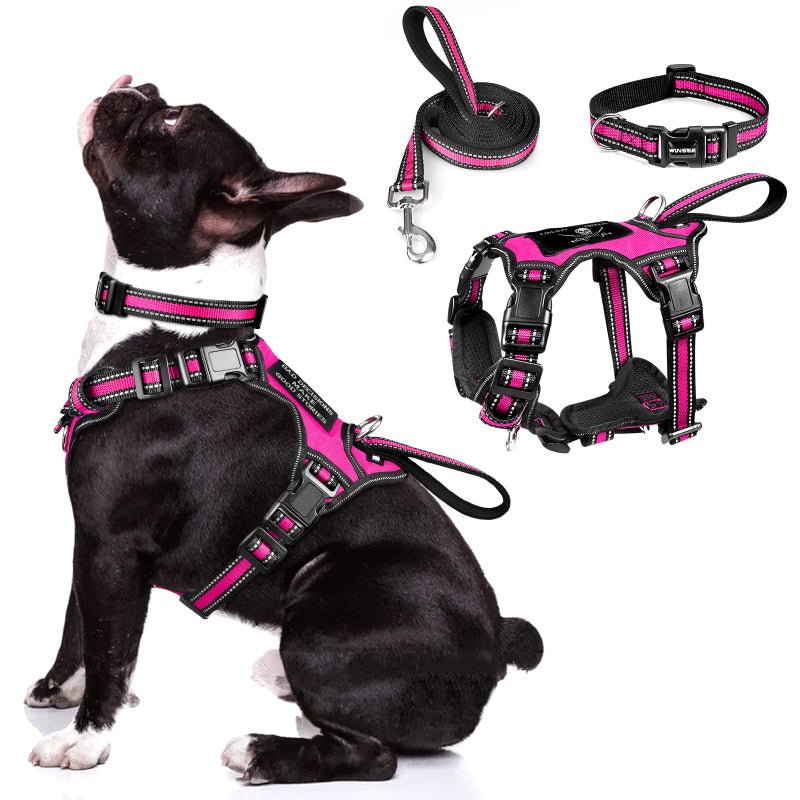 WINSEE Pet Harness Collar and Leash Set Allinone Reflective Dog Harness No Pull with Adjustable Buckles for Puppies Small Medium Large and ExtraLarge Dogs Medium Rosy
