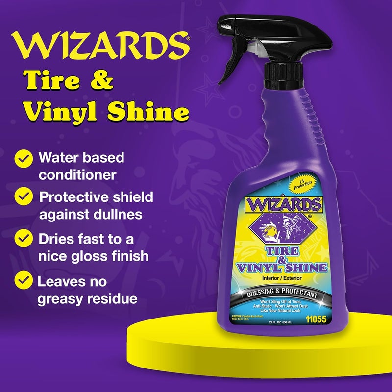 WIZARDS Tire and Wheel Vinyl Shine - Professional Detailing Spray - Dresses & Protects Tires, Trim, and Wheels - UV Protectant for Rubber, Vinyl, and Matte Surfaces - Automotive Care Spray - 22 oz - Image 2
