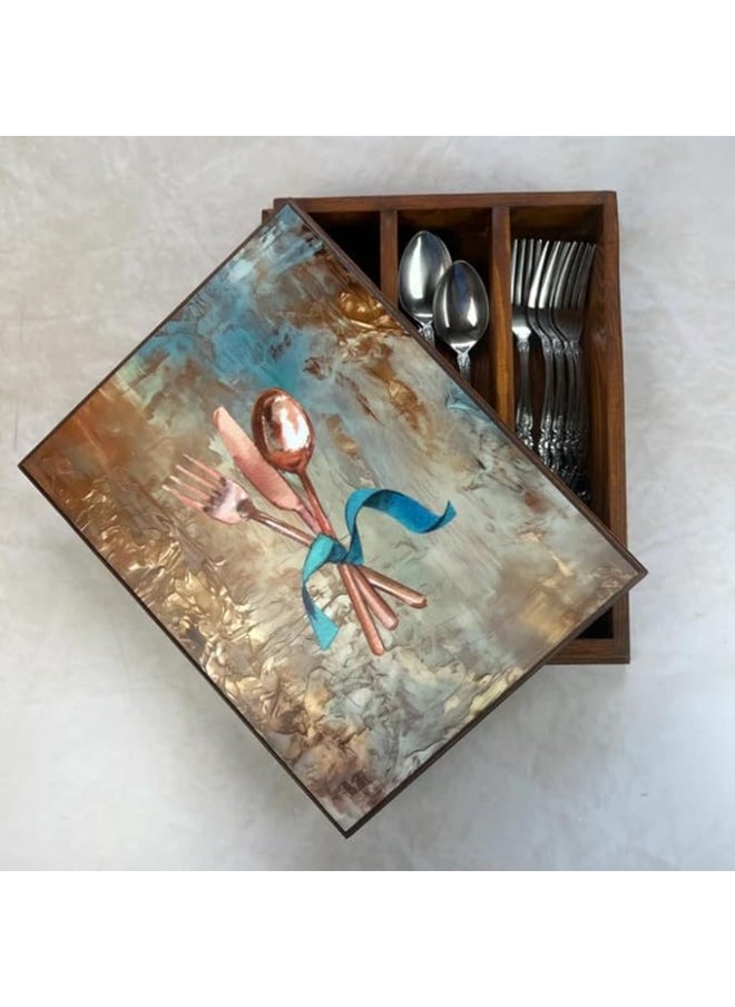 TR Designs Wooden Cutlery Storage Box with Lid Golden Hues  - Image 1