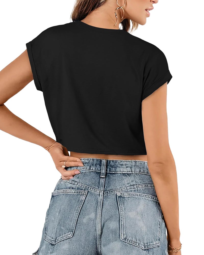 elescat Crop Tops for Women Summer Short Sleeve Loose Fit T Shirts Casual Round Neck Rolled Basic Tees(Black,M) - Image 4