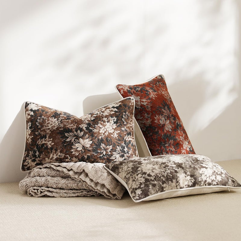 DEZENE Pack of 2 Vintage Floral Pillow Covers 12x20 Boho Farmhouse Accents Chenille Rectangular Lumbar Decorative Throw Pillow Cases for Living Room Couch Bed Home Decor, Rust - Image 5