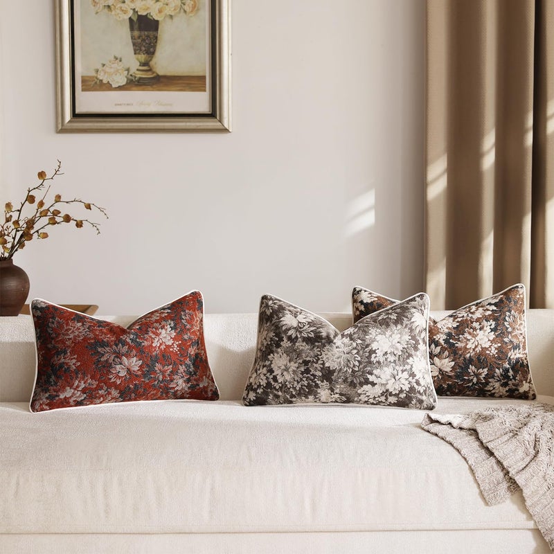 DEZENE Pack of 2 Vintage Floral Pillow Covers 12x20 Boho Farmhouse Accents Chenille Rectangular Lumbar Decorative Throw Pillow Cases for Living Room Couch Bed Home Decor, Rust - Image 4