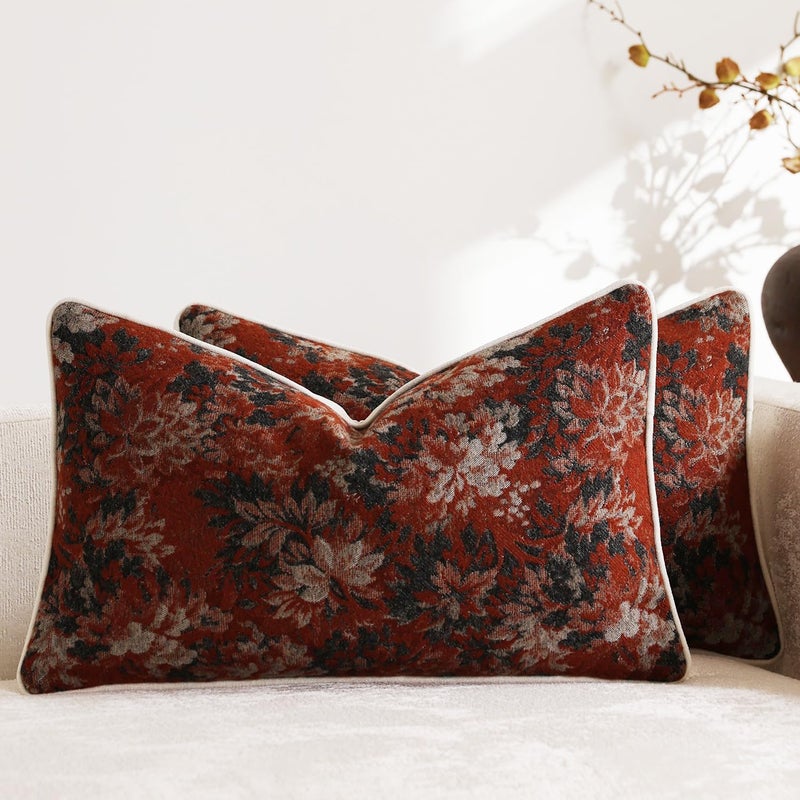 DEZENE Pack of 2 Vintage Floral Pillow Covers 12x20 Boho Farmhouse Accents Chenille Rectangular Lumbar Decorative Throw Pillow Cases for Living Room Couch Bed Home Decor, Rust - Image 1