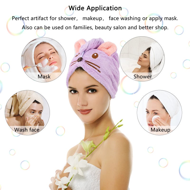 Whaline 2 Pack Parent-Child Quick Dry Hair Towel Cute Mouse Hair Towel Wrap Purple Pink Cotton Hair Turban Towels Super Absorbent Hair Drying Towel For Women Parent Kids Curly Long Thick Hair - Image 2