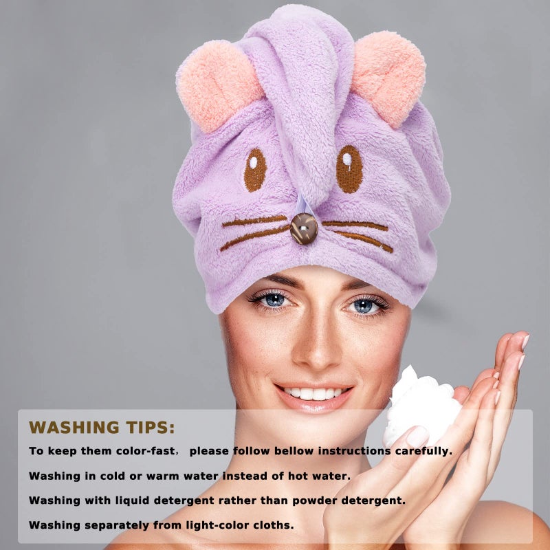 Whaline 2 Pack Parent-Child Quick Dry Hair Towel Cute Mouse Hair Towel Wrap Purple Pink Cotton Hair Turban Towels Super Absorbent Hair Drying Towel For Women Parent Kids Curly Long Thick Hair - Image 5