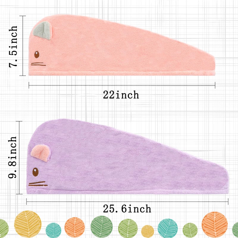 Whaline 2 Pack Parent-Child Quick Dry Hair Towel Cute Mouse Hair Towel Wrap Purple Pink Cotton Hair Turban Towels Super Absorbent Hair Drying Towel For Women Parent Kids Curly Long Thick Hair - Image 3
