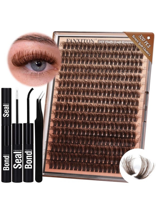FANXITON Brown Lash Clusters 320 Pcs Lash Extension Kit Fluffy DIY Eyelash Extensions Kit Natural Look Cluster Lashes D Curl 8-16 MM Mixed Lash Bond and Seal Lash Tweezers for Lash Clusters Kit DIY at Home  - Image 1