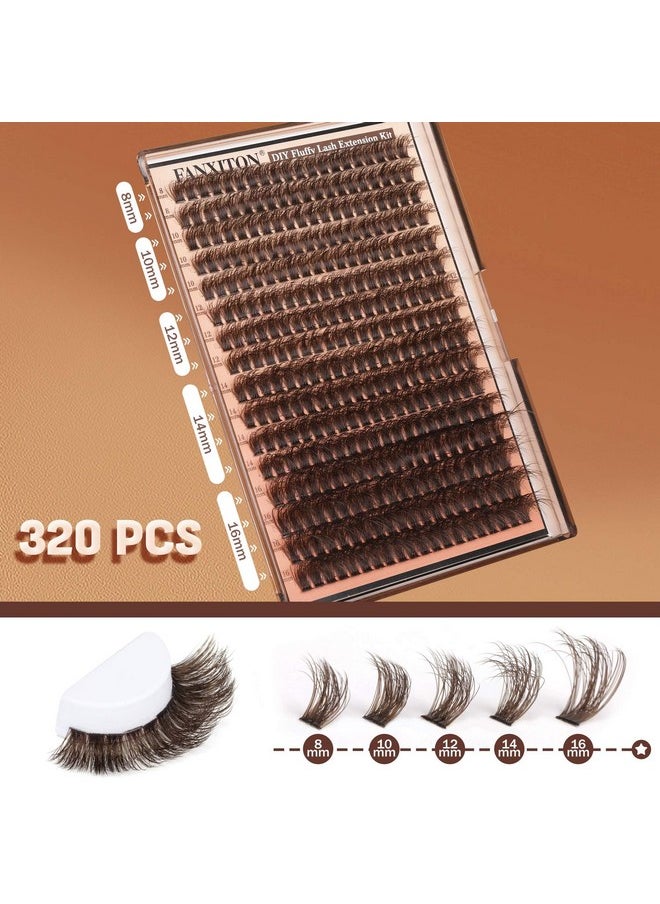 FANXITON Brown Lash Clusters 320 Pcs Lash Extension Kit Fluffy DIY Eyelash Extensions Kit Natural Look Cluster Lashes D Curl 8-16 MM Mixed Lash Bond and Seal Lash Tweezers for Lash Clusters Kit DIY at Home  - Image 5