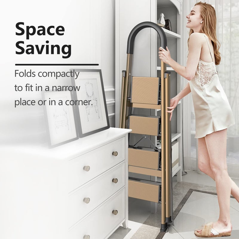 GameGem Lightweight Aluminum 4 Step Ladder Folding Step Stool Stepladders with Anti-Slip and Wide Pedal for Home and Kitchen Use Space Saving (Brown Gold) - Image 2