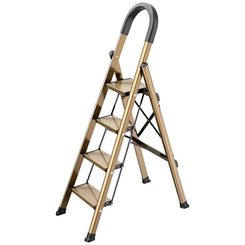GameGem Lightweight Aluminum 4 Step Ladder Folding Step Stool Stepladders with Anti-Slip and Wide Pedal for Home and Kitchen Use Space Saving (Brown Gold) - Image 1