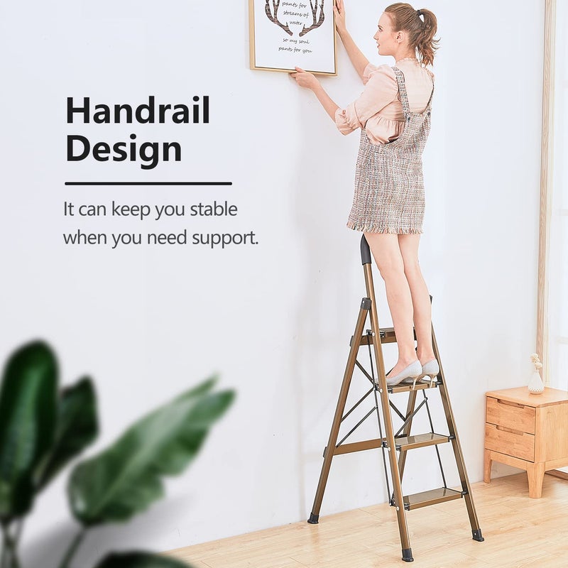 GameGem Lightweight Aluminum 4 Step Ladder Folding Step Stool Stepladders with Anti-Slip and Wide Pedal for Home and Kitchen Use Space Saving (Brown Gold) - Image 3